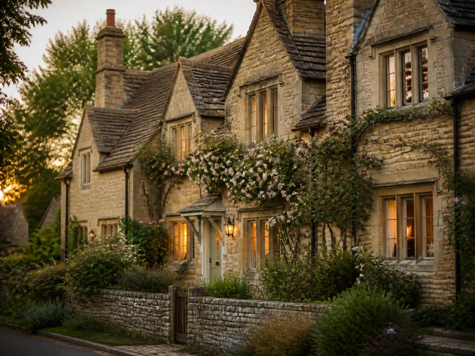 Golden-hour photograph of a honey-stone Cotswolds holiday cottage with lit windows